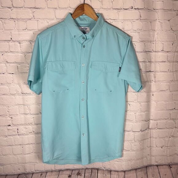 AFTCO Fishing Shirt Mens Size S Small  Short Sleeves Button Front Blue Turquoise - Picture 1 of 8